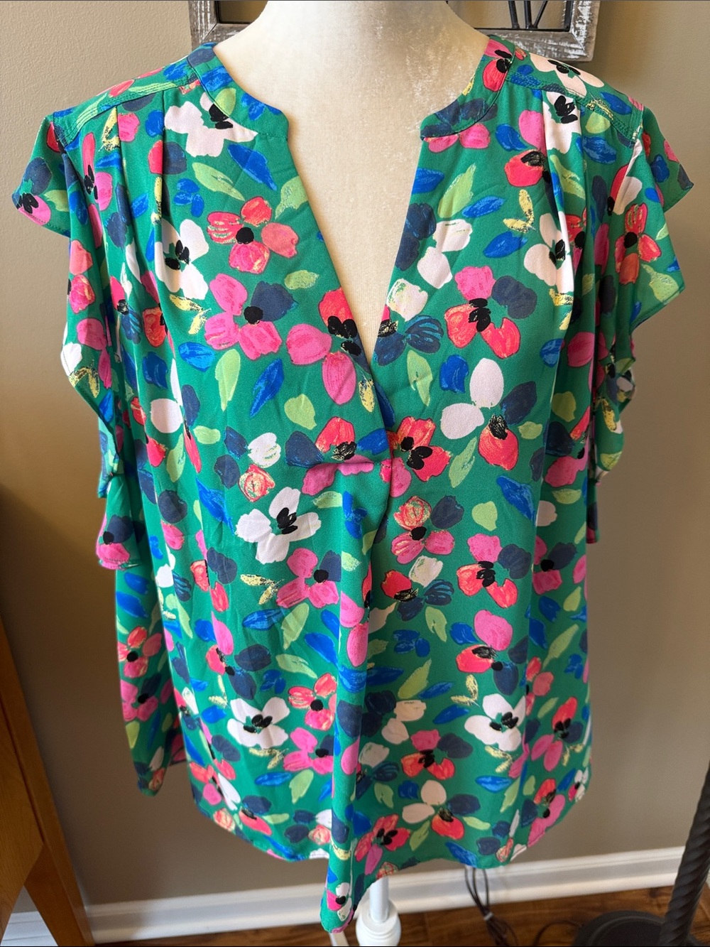 Zac & Rachel Teal Floral Split-Neck Blouse with Pink, White & Blue Flowers